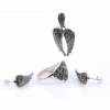 Wings Set with Marcasite, Earrings, Ring (58), Pendant, 925 Rhodium Plated Silver