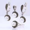 Set with cultured pearl and marcasite, earrings, ring (56), pendant, rhodium-plated 925 silver