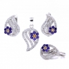 Set with flower drop, earrings, ring (57), pendant, rhodium-plated 925 silver, purple amethyst