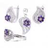 Set with flower drop, earrings, ring (57), pendant, rhodium-plated 925 silver, purple amethyst