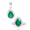 Set with green agate and crystals, pendant and ring (57), rhodium-plated 925 silver