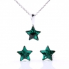 Star set with Swarovski Emerald crystals, earrings, chain, pendant, 925 rhodium-plated silver