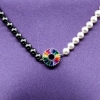 Necklace with round Swarovski White and Black pearls, multicolor link in 925 rhodium-plated silver, 44cm