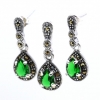 Drop set with marcasite, earrings, pendant, 925 silver, moss green