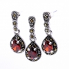 Drop set with marcasite, earrings, pendant, 925 silver, magma red