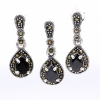 Drop set with marcasite, earrings, pendant, 925 silver, jet black