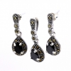 Drop set with marcasite, earrings, pendant, 925 silver, jet black