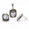 Rectangle set with marcasite, earrings, pendant, 925 silver, transparent white