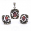 Rectangle set with marcasite, earrings, pendant, 925 silver, magma red