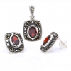 Rectangle set with marcasite, earrings, pendant, 925 silver, magma red