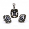 Rectangle set with marcasite, earrings, pendant, silver 925, jet black