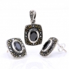 Rectangle set with marcasite, earrings, pendant, silver 925, jet black