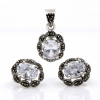 Oval set with marcasite, earrings, pendant, silver 925, transparent white