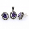 Oval set with marcasite, earrings, pendant, silver 925, purple