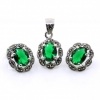 Oval set with marcasite, earrings, pendant, silver 925, emerald green