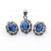 Oval set with marcasite, earrings, pendant, silver 925, navy blue