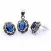 Oval set with marcasite, earrings, pendant, silver 925, navy blue