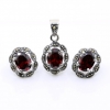 Oval set with marcasite, earrings, pendant, silver 925, magma red