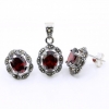 Oval set with marcasite, earrings, pendant, silver 925, magma red