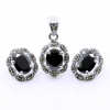 Set Oval cu marcasite, cercei, pandantiv, argint 925, negru jet