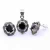 Set Oval cu marcasite, cercei, pandantiv, argint 925, negru jet