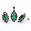 Marquise set with marcasite, earrings, pendant, silver 925, emerald green