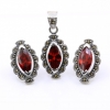 Marquise set with marcasite, earrings, pendant, silver 925, magma red