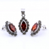 Marquise set with marcasite, earrings, pendant, silver 925, magma red