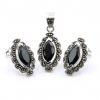 Marquise set with marcasite, earrings, pendant, 925 silver, jet black