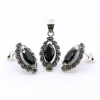 Marquise set with marcasite, earrings, pendant, 925 silver, jet black