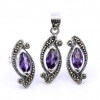 Marquise set with marcasite, earrings, pendant, 925 silver, purple