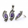 Marquise set with marcasite, earrings, pendant, 925 silver, purple