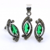 Marquise set with marcasite, earrings, pendant, 925 silver, emerald green