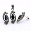 Marquise set with marcasite, earrings, pendant, 925 silver, jet black