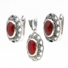 Oval set with marcasite, earrings, pendant, silver 925, carnelian red