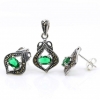 Lily set with marcasite, earrings, pendant, silver 925, emerald green