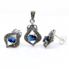 Lily set with marcasite, earrings, pendant, 925 silver, navy blue