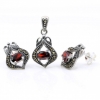 Lily set with marcasite, earrings, pendant, 925 silver, magma red