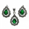 Set Drop with marcasite, earrings, pendant, silver 925, emerald green