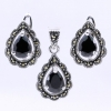 Set Drop with marcasite, earrings, pendant, silver 925, jet black