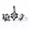 Set Rhombus with marcasite, earrings, pendant, silver 925, transparent white