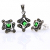 Set Rhombus with marcasite, earrings, pendant, silver 925, emerald green