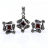 Set Rhombus with marcasite, earrings, pendant, silver 925, magma red