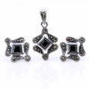 Set Rhombus with marcasite, earrings, pendant, silver 925, jet black