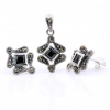 Set Rhombus with marcasite, earrings, pendant, silver 925, jet black