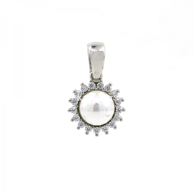 Pendant with pearl and crystals, rhodium-plated 925 silver