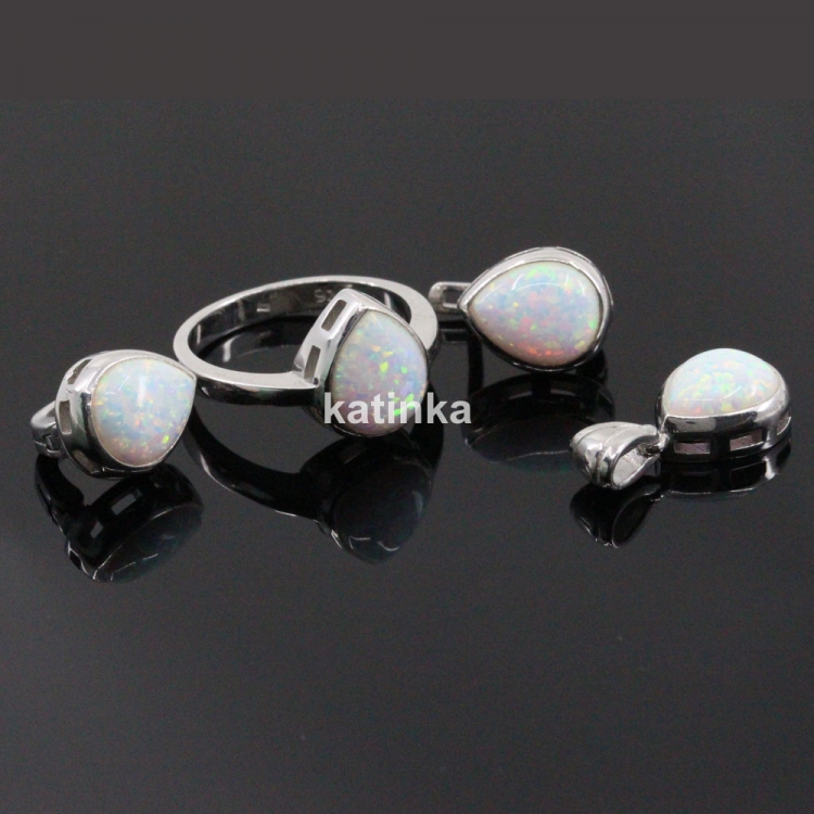 Set picatura White Opal, cercei, inel, pandantiv, argint 925 rodiat