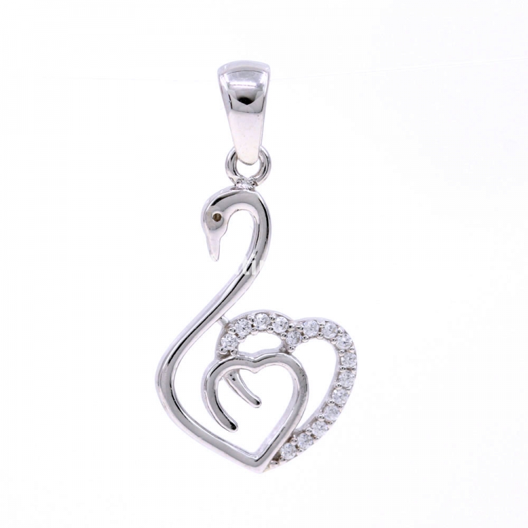 Swan pendant with hearts and crystals, 925 rhodium-plated silver, 22mm