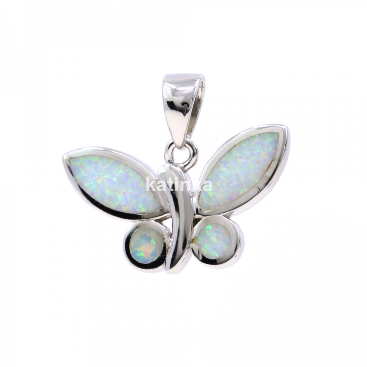 Butterfly Pendant with White Opal, 925 Rhodium Plated Silver, 12.5mm