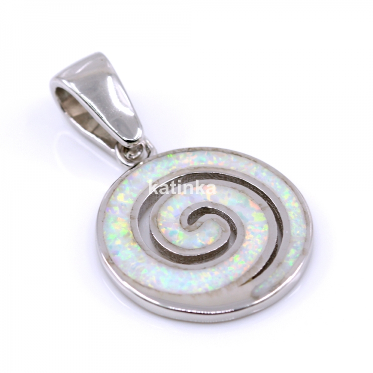 Spiral Pendant with White Opal, 925 Rhodium Plated Silver, 20mm